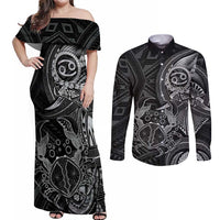 Personalised Polynesia Zodiac Cancer Couples Matching Off Shoulder Maxi Dress and Long Sleeve Button Shirt Galaxy Polynesian Pattern Chest Tattoo Style