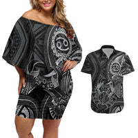 Personalised Polynesia Zodiac Cancer Couples Matching Off Shoulder Short Dress and Hawaiian Shirt Galaxy Polynesian Pattern Chest Tattoo Style
