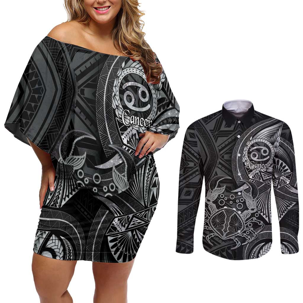 Personalised Polynesia Zodiac Cancer Couples Matching Off Shoulder Short Dress and Long Sleeve Button Shirt Galaxy Polynesian Pattern Chest Tattoo Style