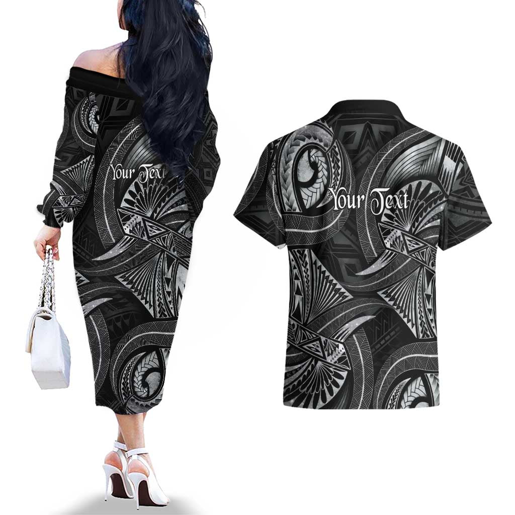 Personalised Polynesia Zodiac Cancer Couples Matching Off The Shoulder Long Sleeve Dress and Hawaiian Shirt Galaxy Polynesian Pattern Chest Tattoo Style