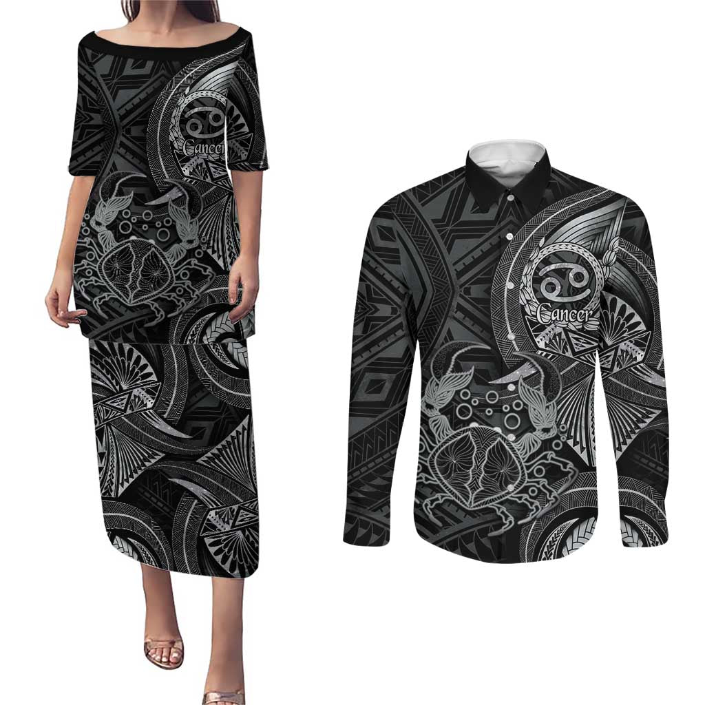 Personalised Polynesia Zodiac Cancer Couples Matching Puletasi and Long Sleeve Button Shirt Galaxy Polynesian Pattern Chest Tattoo Style