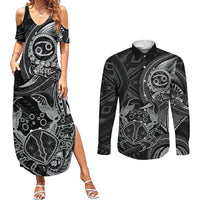 Personalised Polynesia Zodiac Cancer Couples Matching Summer Maxi Dress and Long Sleeve Button Shirt Galaxy Polynesian Pattern Chest Tattoo Style
