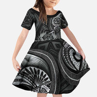 Personalised Polynesia Zodiac Cancer Family Matching Off The Shoulder Long Sleeve Dress and Hawaiian Shirt Galaxy Polynesian Pattern Chest Tattoo Style LT14 Daughter's Dress Black - Polynesian Pride