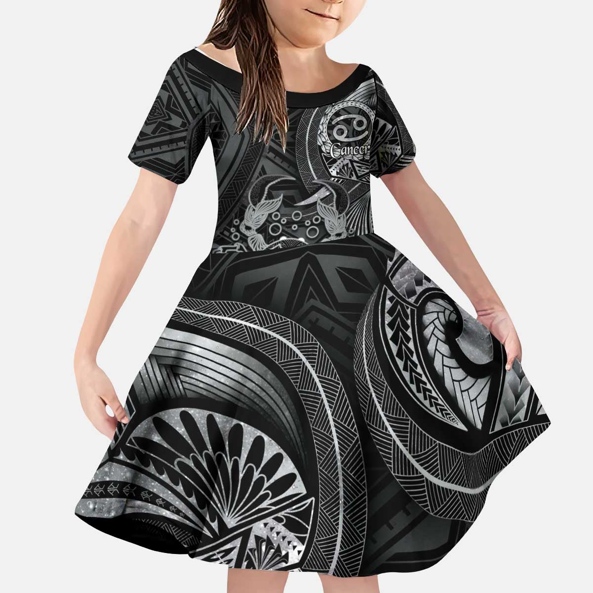 Personalised Polynesia Zodiac Cancer Kid Short Sleeve Dress Galaxy Polynesian Pattern Chest Tattoo Style