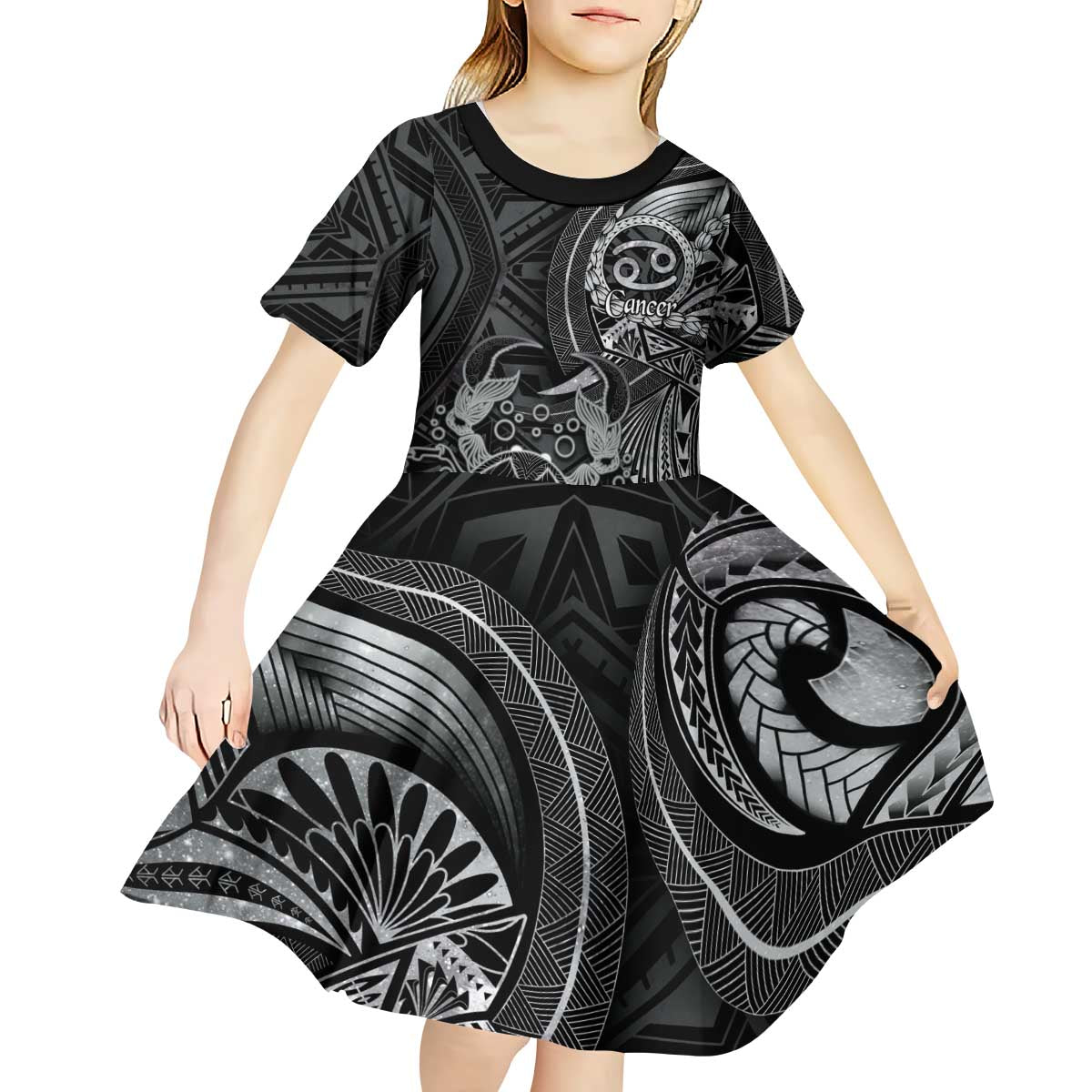 Personalised Polynesia Zodiac Cancer Kid Short Sleeve Dress Galaxy Polynesian Pattern Chest Tattoo Style