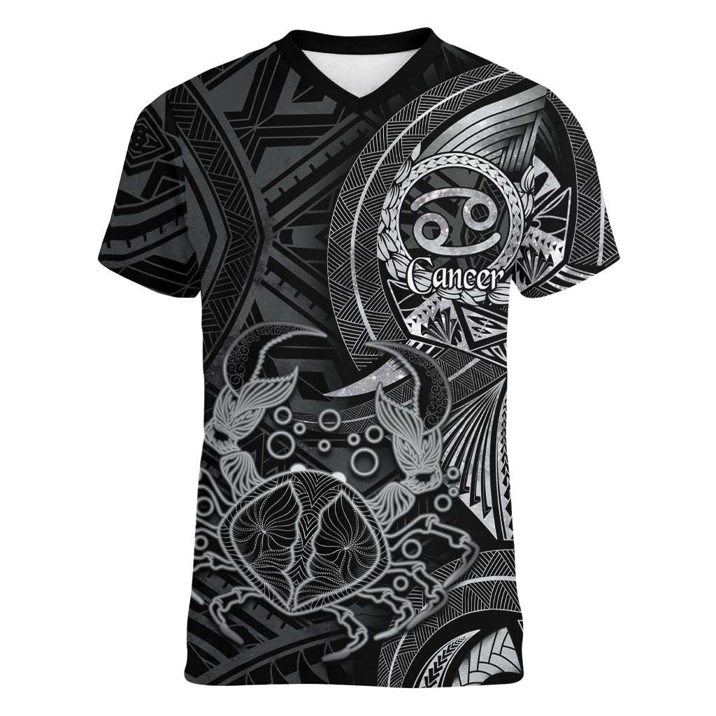 Personalised Polynesia Zodiac Cancer Women V-Neck T-Shirt Galaxy Polynesian Pattern Chest Tattoo Style