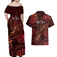 Personalised Polynesia Zodiac Scorpio Couples Matching Off Shoulder Maxi Dress and Hawaiian Shirt Galaxy Polynesian Pattern Chest Tattoo Style