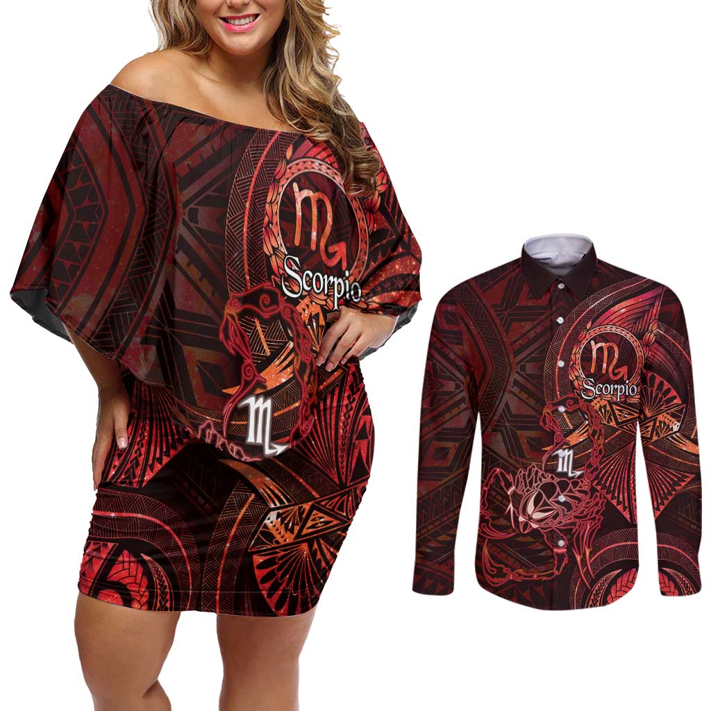 Personalised Polynesia Zodiac Scorpio Couples Matching Off Shoulder Short Dress and Long Sleeve Button Shirt Galaxy Polynesian Pattern Chest Tattoo Style