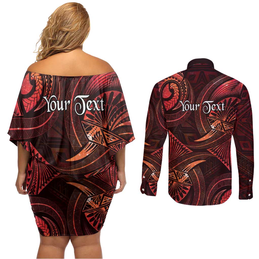 Personalised Polynesia Zodiac Scorpio Couples Matching Off Shoulder Short Dress and Long Sleeve Button Shirt Galaxy Polynesian Pattern Chest Tattoo Style