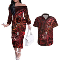 Personalised Polynesia Zodiac Scorpio Couples Matching Off The Shoulder Long Sleeve Dress and Hawaiian Shirt Galaxy Polynesian Pattern Chest Tattoo Style