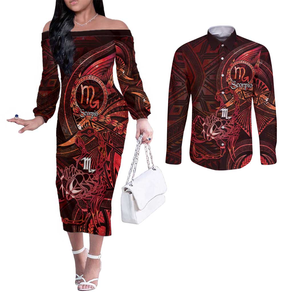 Personalised Polynesia Zodiac Scorpio Couples Matching Off The Shoulder Long Sleeve Dress and Long Sleeve Button Shirt Galaxy Polynesian Pattern Chest Tattoo Style