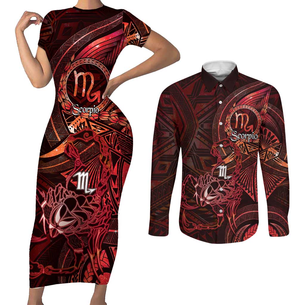 Personalised Polynesia Zodiac Scorpio Couples Matching Short Sleeve Bodycon Dress and Long Sleeve Button Shirt Galaxy Polynesian Pattern Chest Tattoo Style