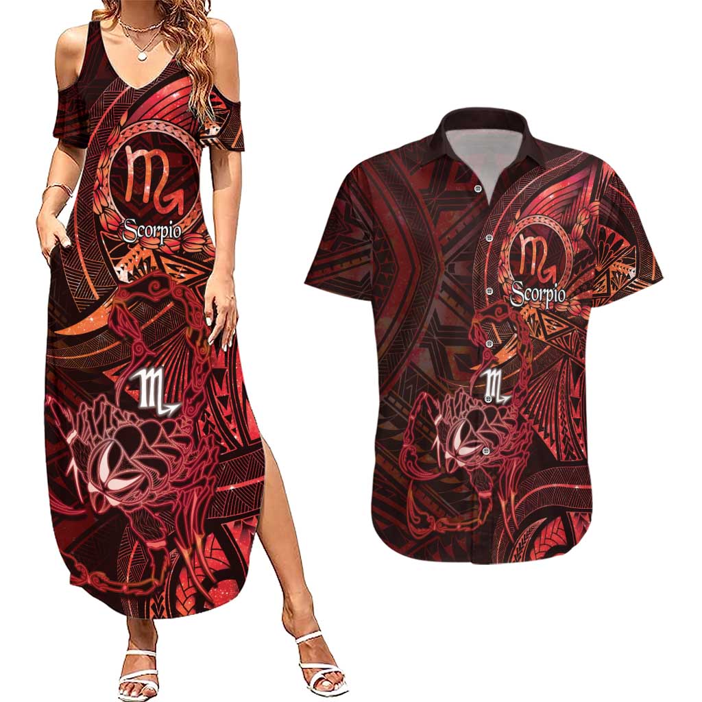 Personalised Polynesia Zodiac Scorpio Couples Matching Summer Maxi Dress and Hawaiian Shirt Galaxy Polynesian Pattern Chest Tattoo Style
