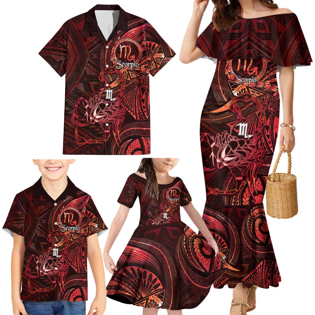 Personalised Polynesia Zodiac Scorpio Family Matching Mermaid Dress and Hawaiian Shirt Galaxy Polynesian Pattern Chest Tattoo Style