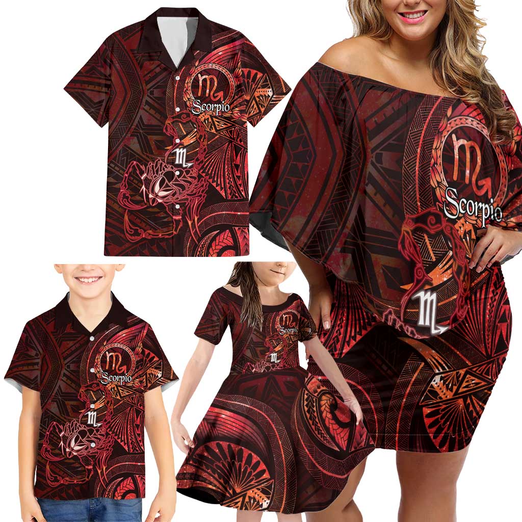 Personalised Polynesia Zodiac Scorpio Family Matching Off Shoulder Short Dress and Hawaiian Shirt Galaxy Polynesian Pattern Chest Tattoo Style