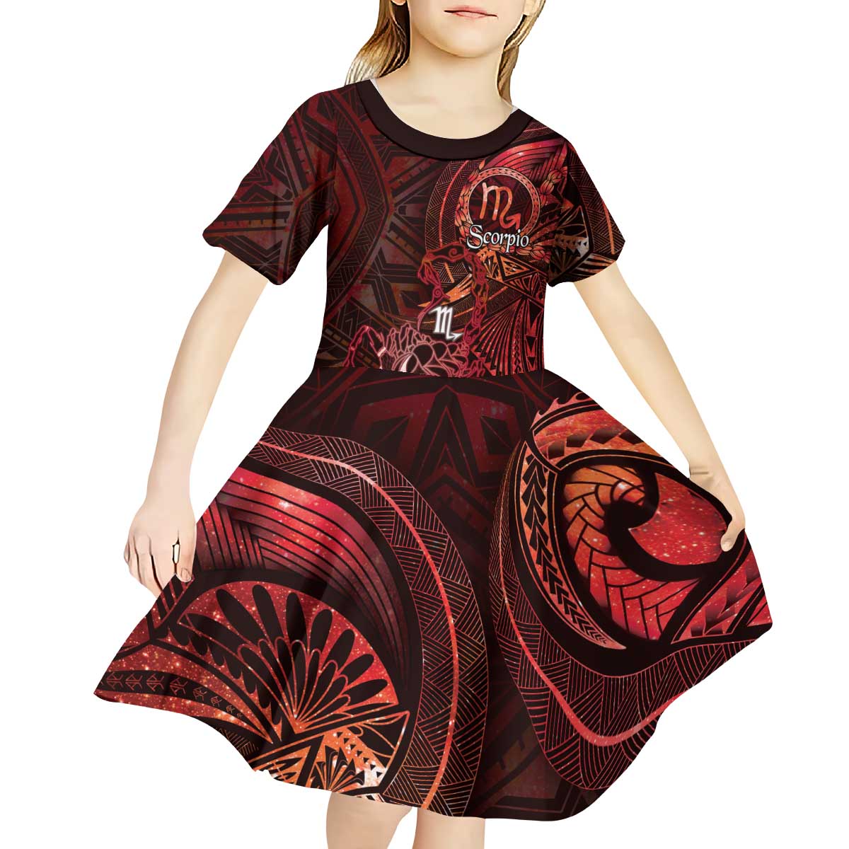 Personalised Polynesia Zodiac Scorpio Kid Short Sleeve Dress Galaxy Polynesian Pattern Chest Tattoo Style