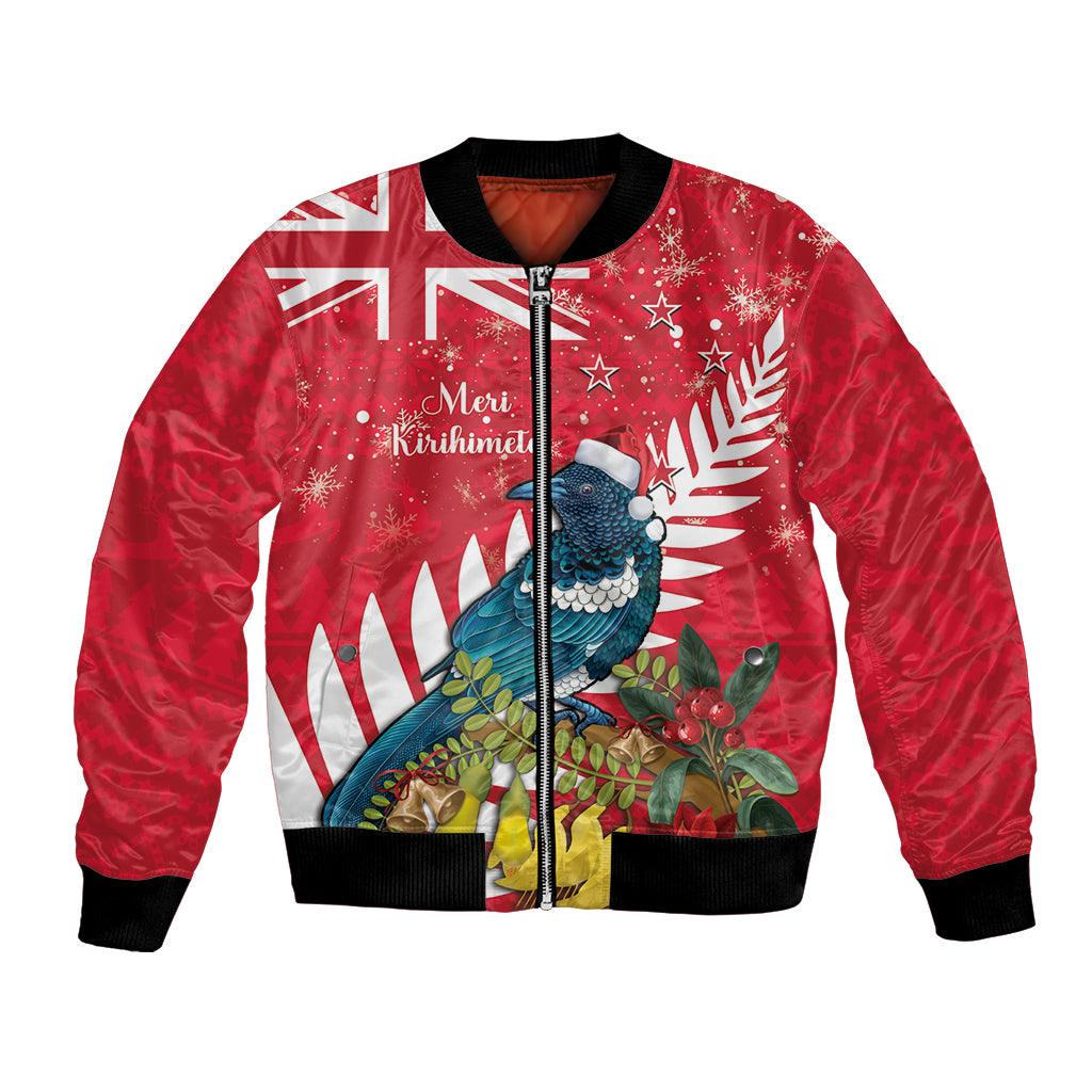 New Zealand Christmas In July Bomber Jacket Tui Bird With Kowhai Meri Kirihimete LT14 Unisex Red - Polynesian Pride