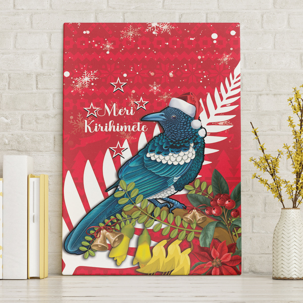 New Zealand Christmas In July Canvas Wall Art Tui Bird With Kowhai Meri Kirihimete LT14 Without Frame Red - Polynesian Pride