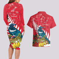 New Zealand Christmas In July Couples Matching Long Sleeve Bodycon Dress and Hawaiian Shirt Tui Bird With Kowhai Meri Kirihimete LT14 - Polynesian Pride