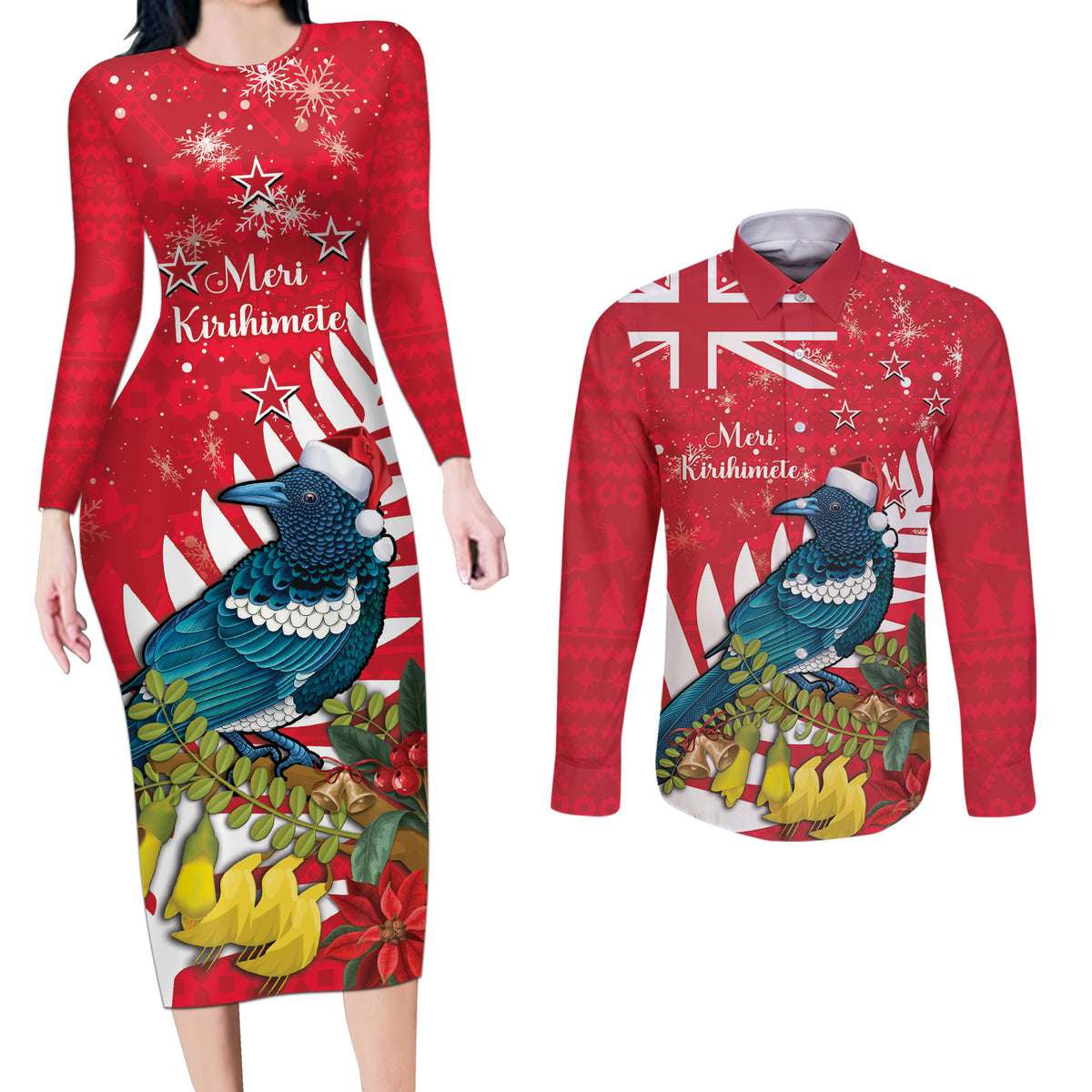 New Zealand Christmas In July Couples Matching Long Sleeve Bodycon Dress and Long Sleeve Button Shirt Tui Bird With Kowhai Meri Kirihimete LT14 Red - Polynesian Pride