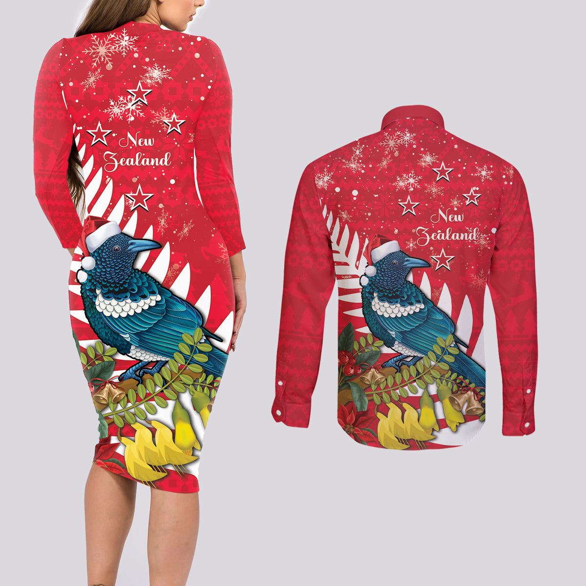New Zealand Christmas In July Couples Matching Long Sleeve Bodycon Dress and Long Sleeve Button Shirt Tui Bird With Kowhai Meri Kirihimete LT14 - Polynesian Pride