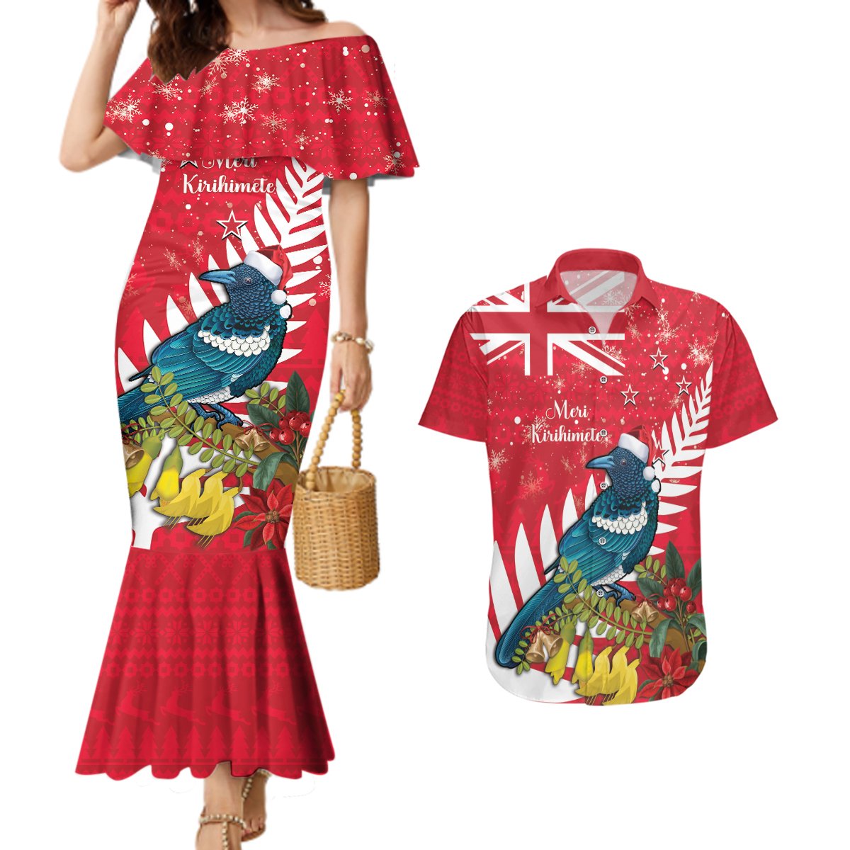 New Zealand Christmas In July Couples Matching Mermaid Dress and Hawaiian Shirt Tui Bird With Kowhai Meri Kirihimete LT14 Red - Polynesian Pride
