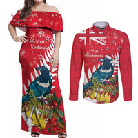 New Zealand Christmas In July Couples Matching Off Shoulder Maxi Dress and Long Sleeve Button Shirt Tui Bird With Kowhai Meri Kirihimete LT14 Red - Polynesian Pride