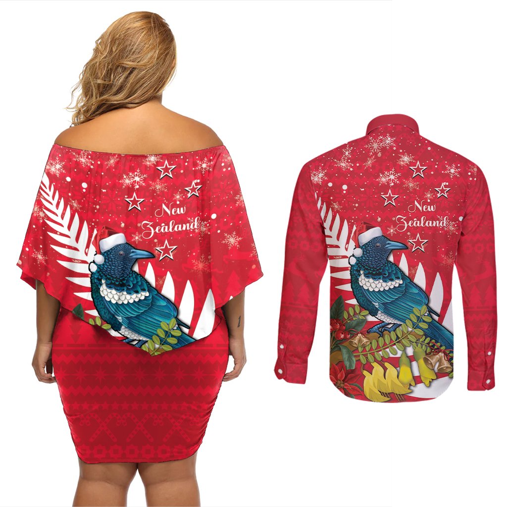 New Zealand Christmas In July Couples Matching Off Shoulder Short Dress and Long Sleeve Button Shirt Tui Bird With Kowhai Meri Kirihimete LT14 - Polynesian Pride