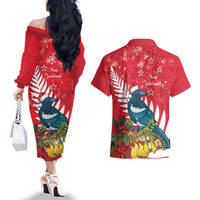 New Zealand Christmas In July Couples Matching Off The Shoulder Long Sleeve Dress and Hawaiian Shirt Tui Bird With Kowhai Meri Kirihimete LT14 - Polynesian Pride
