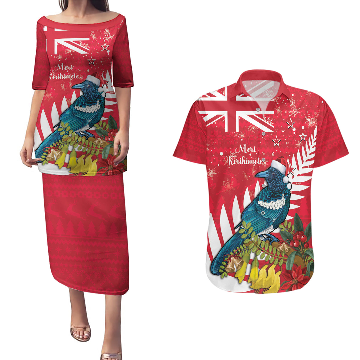 New Zealand Christmas In July Couples Matching Puletasi and Hawaiian Shirt Tui Bird With Kowhai Meri Kirihimete LT14 Red - Polynesian Pride