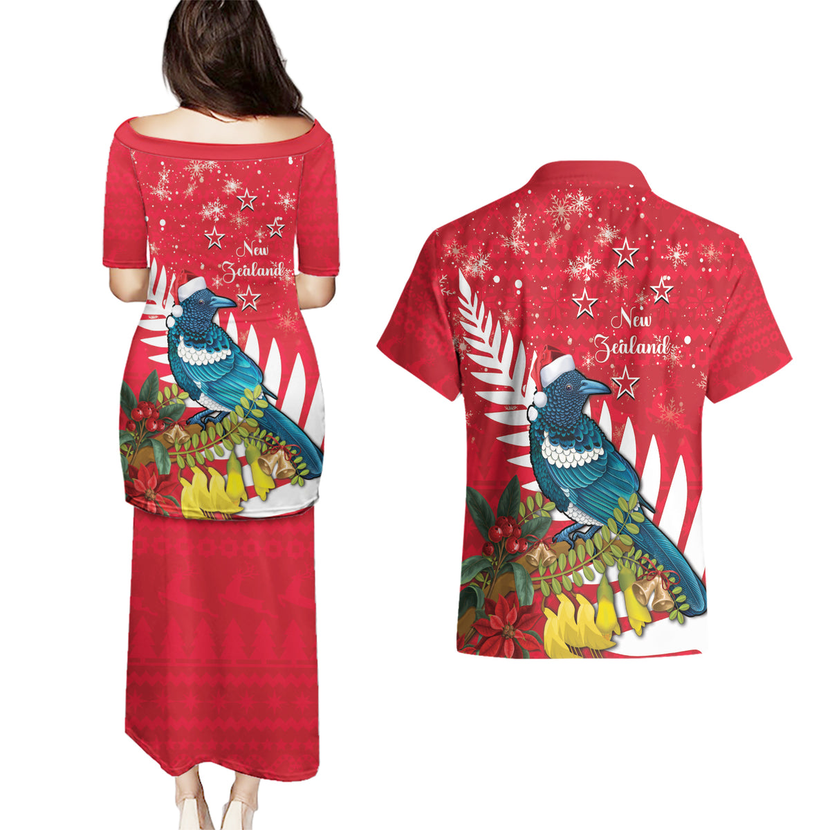 New Zealand Christmas In July Couples Matching Puletasi and Hawaiian Shirt Tui Bird With Kowhai Meri Kirihimete LT14 - Polynesian Pride