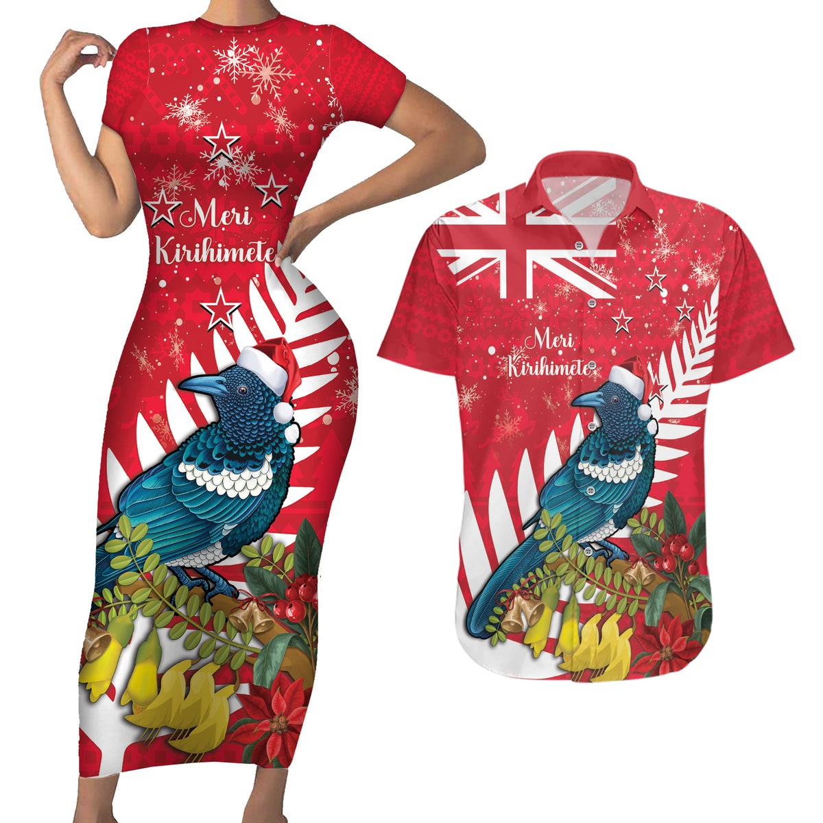 New Zealand Christmas In July Couples Matching Short Sleeve Bodycon Dress and Hawaiian Shirt Tui Bird With Kowhai Meri Kirihimete LT14 Red - Polynesian Pride
