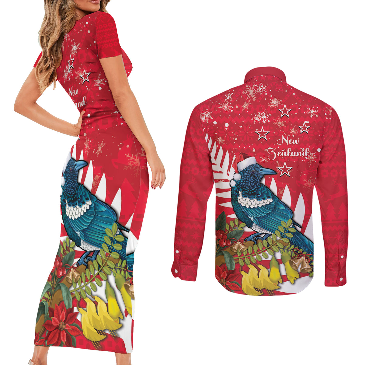New Zealand Christmas In July Couples Matching Short Sleeve Bodycon Dress and Long Sleeve Button Shirt Tui Bird With Kowhai Meri Kirihimete LT14 - Polynesian Pride