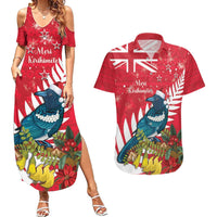 New Zealand Christmas In July Couples Matching Summer Maxi Dress and Hawaiian Shirt Tui Bird With Kowhai Meri Kirihimete LT14 Red - Polynesian Pride