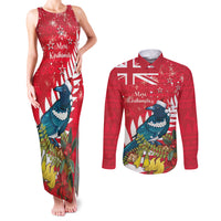 New Zealand Christmas In July Couples Matching Tank Maxi Dress and Long Sleeve Button Shirt Tui Bird With Kowhai Meri Kirihimete LT14 Red - Polynesian Pride