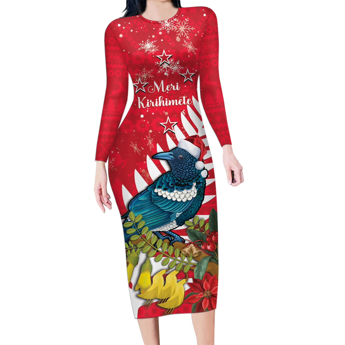 New Zealand Christmas In July Family Matching Long Sleeve Bodycon Dress and Hawaiian Shirt Tui Bird With Kowhai Meri Kirihimete LT14 Mom's Dress Red - Polynesian Pride