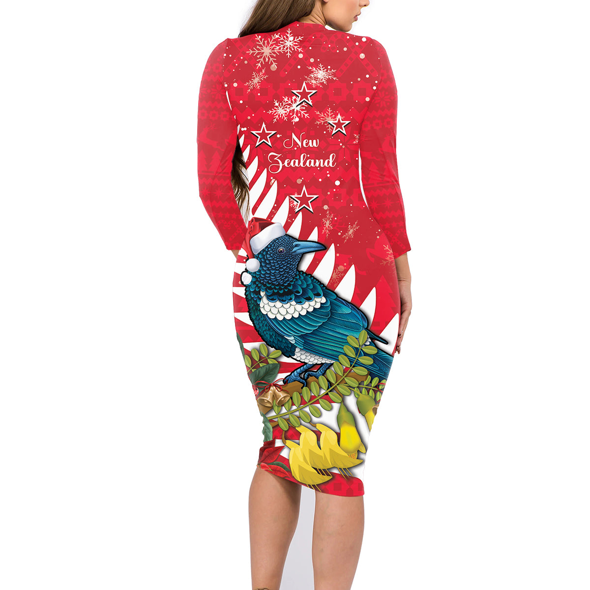 New Zealand Christmas In July Family Matching Long Sleeve Bodycon Dress and Hawaiian Shirt Tui Bird With Kowhai Meri Kirihimete LT14 - Polynesian Pride