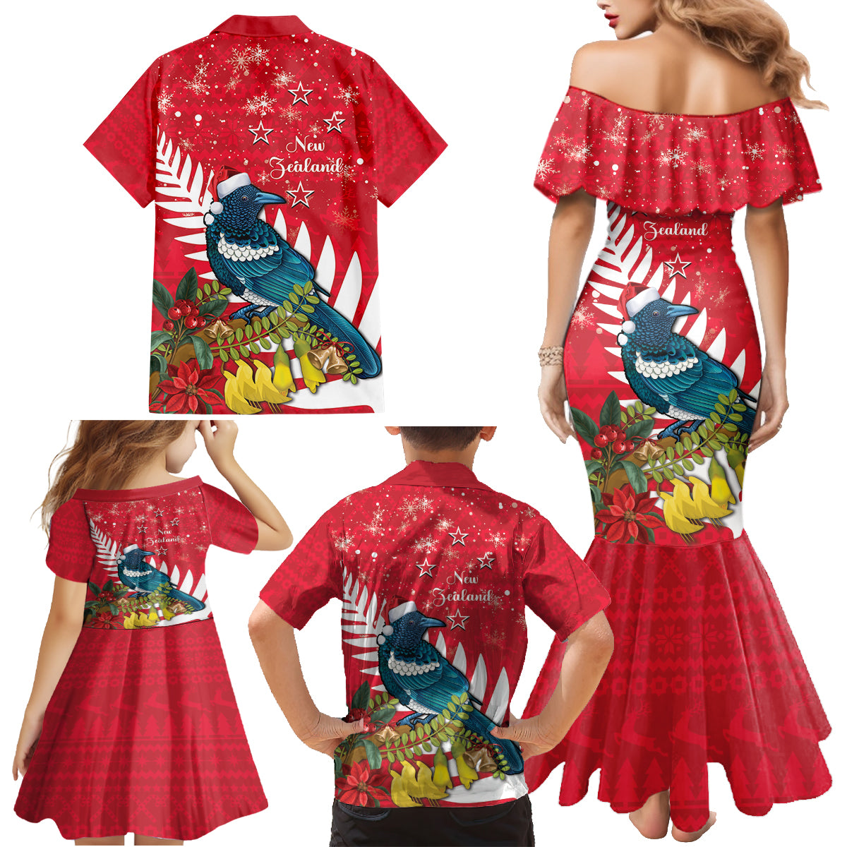 New Zealand Christmas In July Family Matching Mermaid Dress and Hawaiian Shirt Tui Bird With Kowhai Meri Kirihimete LT14 - Polynesian Pride