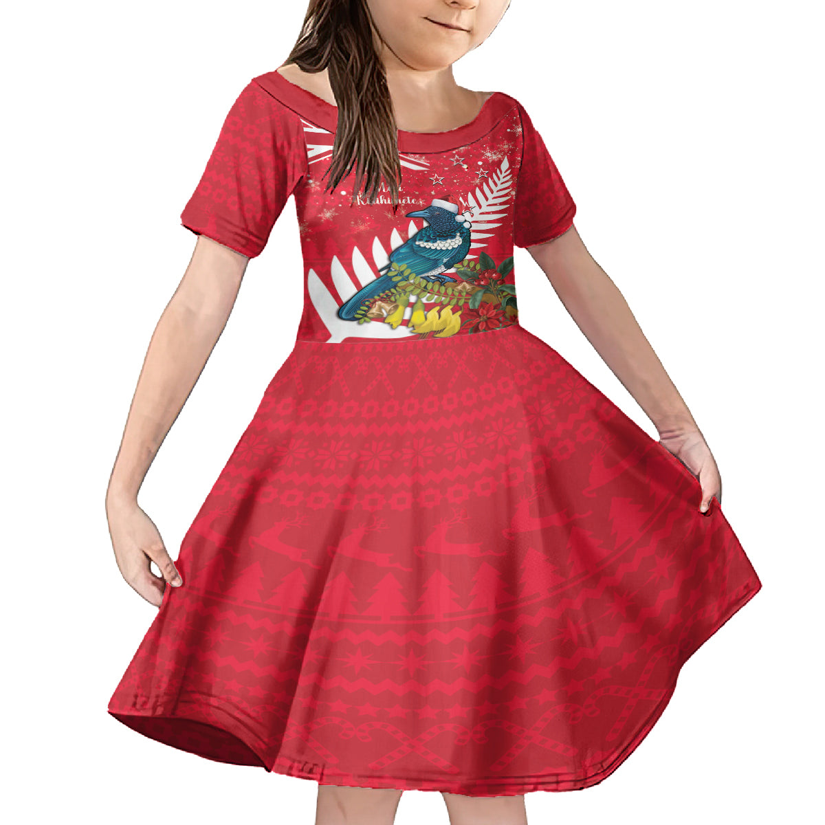 New Zealand Christmas In July Family Matching Off The Shoulder Long Sleeve Dress and Hawaiian Shirt Tui Bird With Kowhai Meri Kirihimete LT14 Daughter's Dress Red - Polynesian Pride