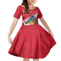 New Zealand Christmas In July Family Matching Off The Shoulder Long Sleeve Dress and Hawaiian Shirt Tui Bird With Kowhai Meri Kirihimete LT14 Daughter's Dress Red - Polynesian Pride