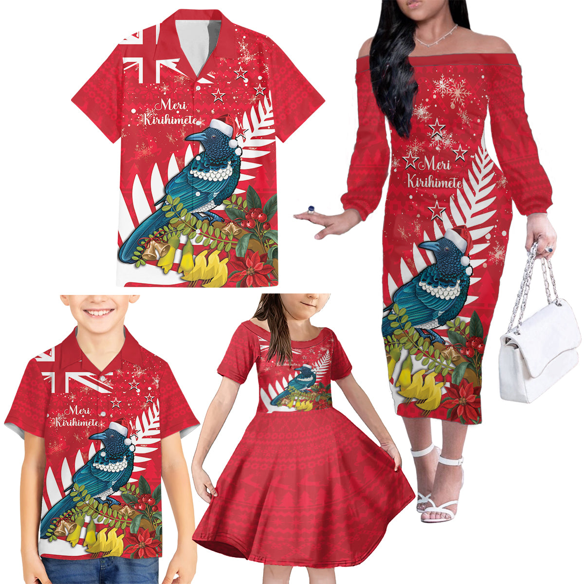 New Zealand Christmas In July Family Matching Off The Shoulder Long Sleeve Dress and Hawaiian Shirt Tui Bird With Kowhai Meri Kirihimete LT14 - Polynesian Pride