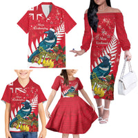 New Zealand Christmas In July Family Matching Off The Shoulder Long Sleeve Dress and Hawaiian Shirt Tui Bird With Kowhai Meri Kirihimete LT14 - Polynesian Pride