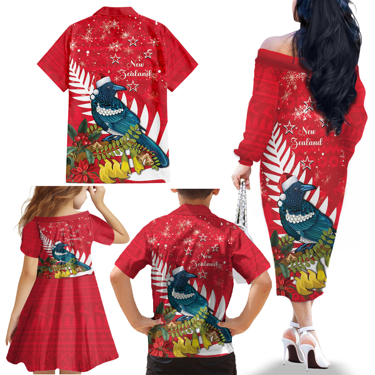 New Zealand Christmas In July Family Matching Off The Shoulder Long Sleeve Dress and Hawaiian Shirt Tui Bird With Kowhai Meri Kirihimete LT14 - Polynesian Pride