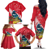 New Zealand Christmas In July Family Matching Off The Shoulder Long Sleeve Dress and Hawaiian Shirt Tui Bird With Kowhai Meri Kirihimete LT14 - Polynesian Pride
