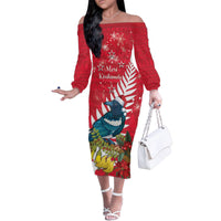 New Zealand Christmas In July Family Matching Off The Shoulder Long Sleeve Dress and Hawaiian Shirt Tui Bird With Kowhai Meri Kirihimete LT14 Mom's Dress Red - Polynesian Pride