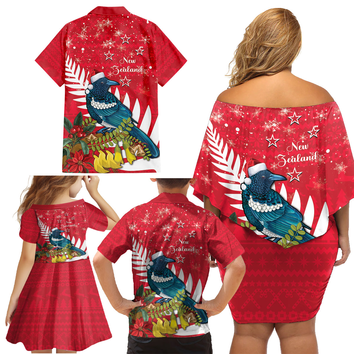 New Zealand Christmas In July Family Matching Off Shoulder Short Dress and Hawaiian Shirt Tui Bird With Kowhai Meri Kirihimete LT14 - Polynesian Pride