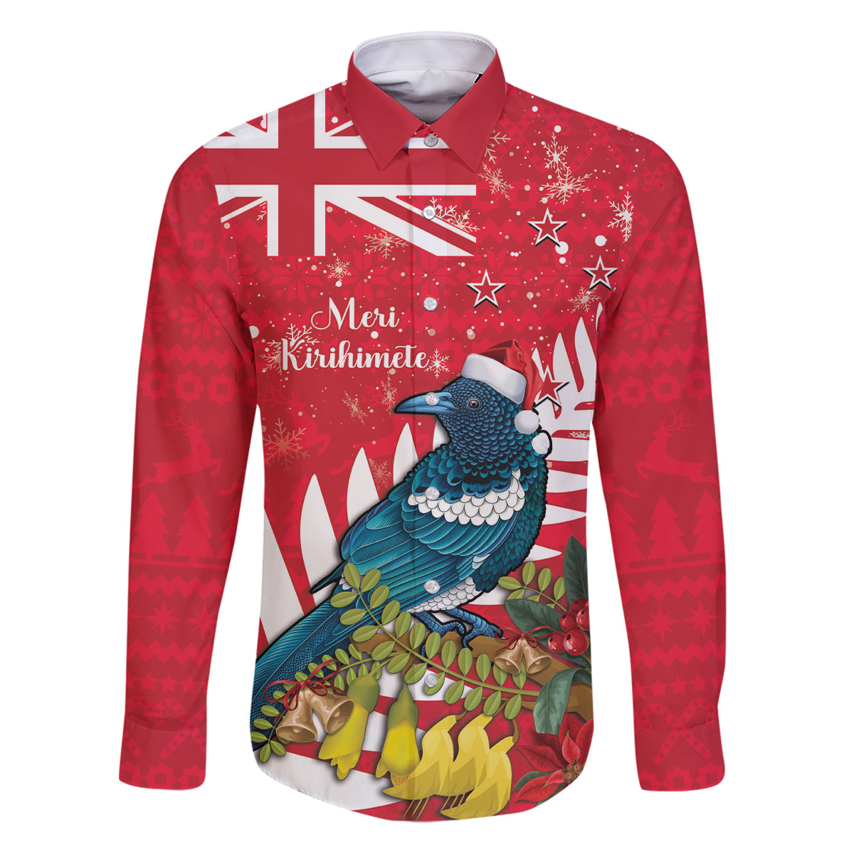 New Zealand Christmas In July Family Matching Puletasi and Hawaiian Shirt Tui Bird With Kowhai Meri Kirihimete LT14 Dad's Shirt - Long Sleeve Red - Polynesian Pride