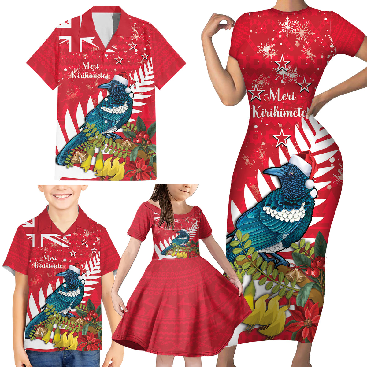New Zealand Christmas In July Family Matching Short Sleeve Bodycon Dress and Hawaiian Shirt Tui Bird With Kowhai Meri Kirihimete LT14 - Polynesian Pride