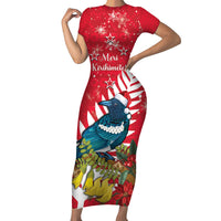 New Zealand Christmas In July Family Matching Short Sleeve Bodycon Dress and Hawaiian Shirt Tui Bird With Kowhai Meri Kirihimete LT14 Mom's Dress Red - Polynesian Pride