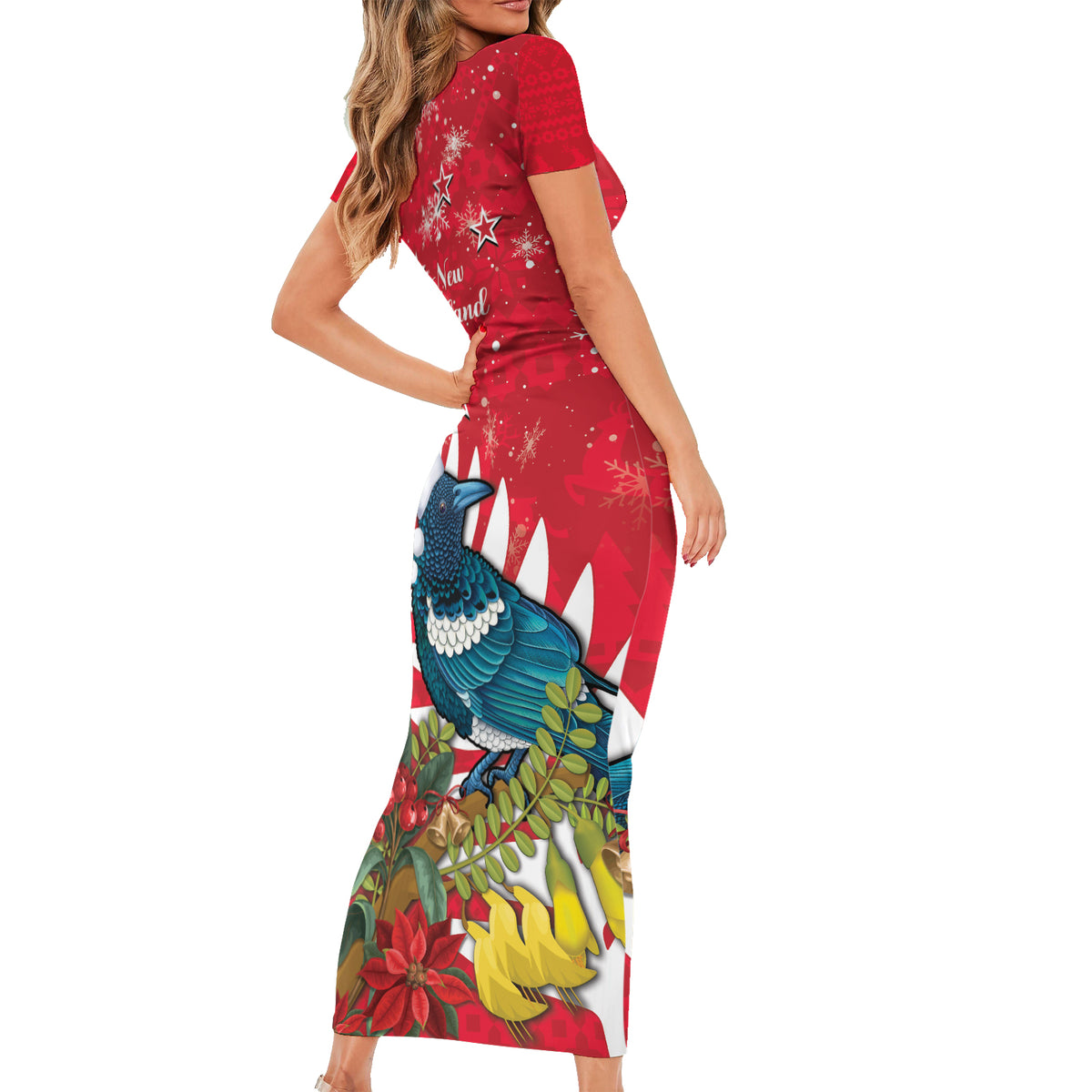 New Zealand Christmas In July Family Matching Short Sleeve Bodycon Dress and Hawaiian Shirt Tui Bird With Kowhai Meri Kirihimete LT14 - Polynesian Pride